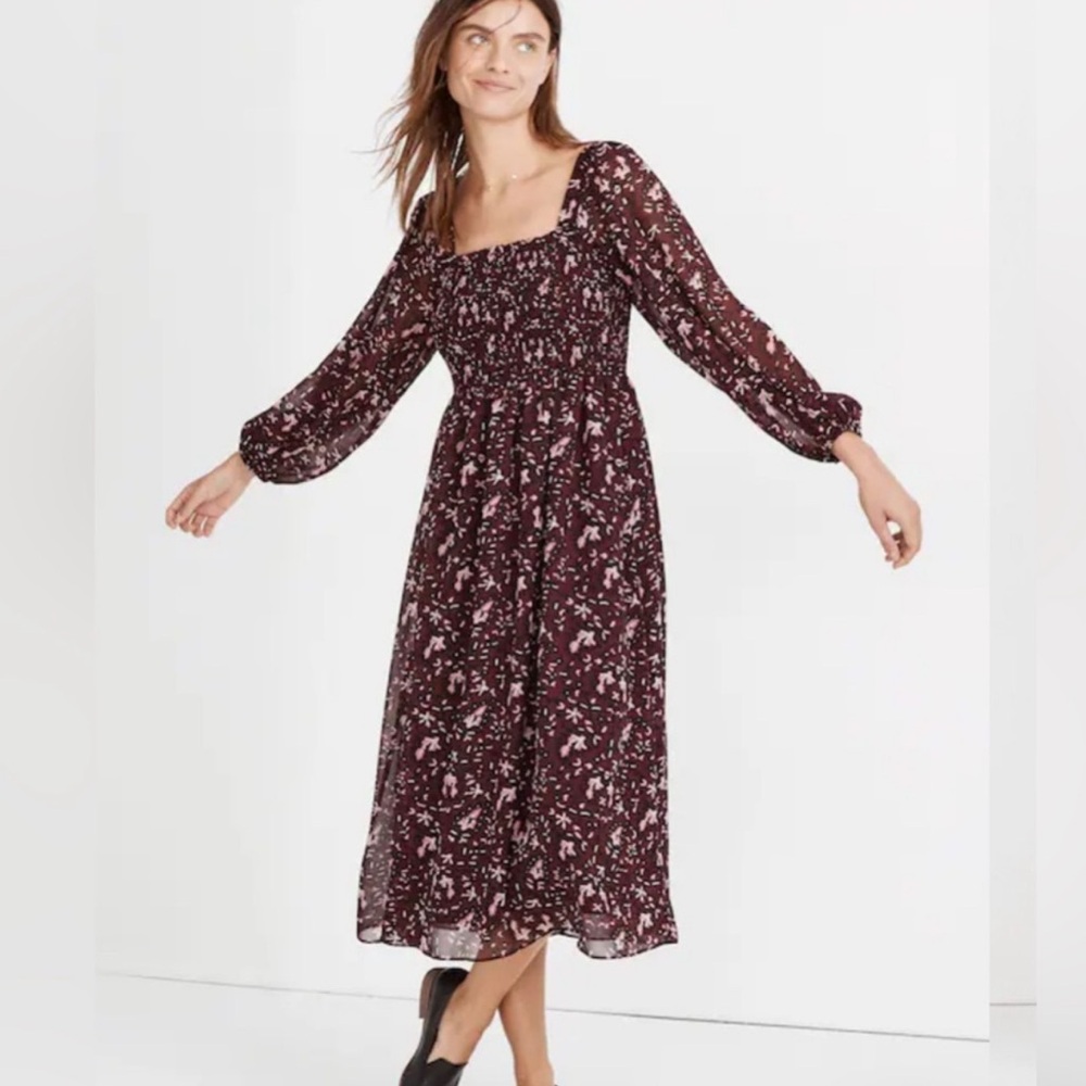 Madewell Burgundy Floral Long Sleeve Dress